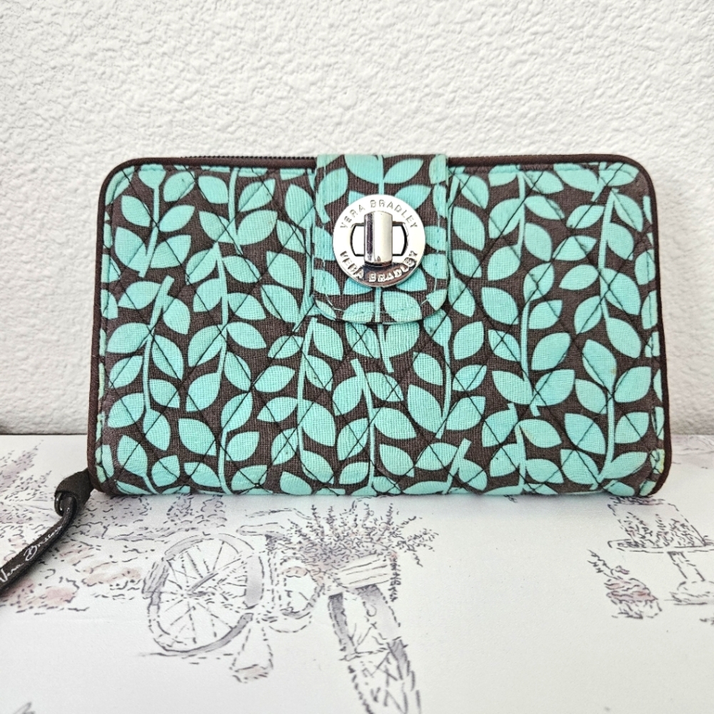 Vera Bradley Brown and Aqua Leaf Quilted Wristlet Wallet